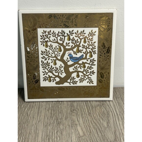 VTG MCM Berggren Tile Trivet First Day of Christmas Partridge Pear Tree Gold - Picture 1 of 8